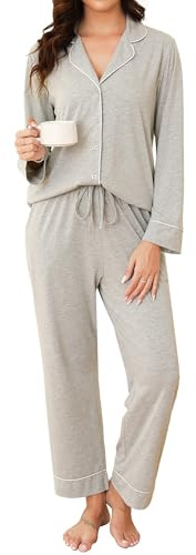 Reliwel Ensembles de Pyjama pour Femme Pyjama Femme Boutonné à Manches Longues Vêtements de Nuit Hiver Deux Pièces Respirant Doux Confortable
