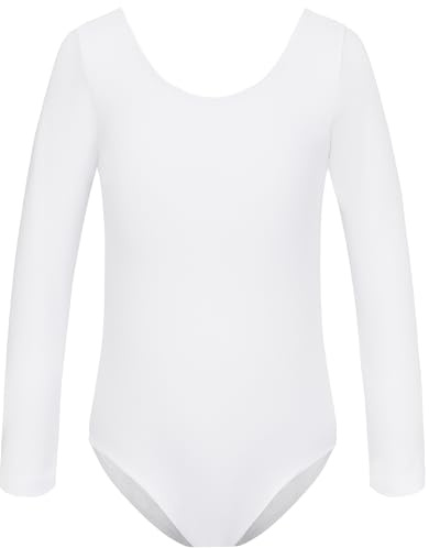 HIPPOSEUS Flicka balettdräkt dans långärmad klassisk gymnastik leotards bodysuit dräkt danskläder, AM0019, Vitt och blått, 10-11 år