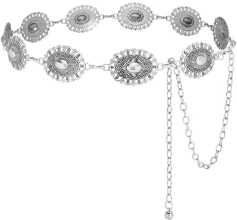 VONMELLI Damen Concho Kettengürtel Western Cowgirl Taillengürtel Türkis Metallkettengürtel für Kleid Silber Länge 110cm (Passt Taillenumfang unter 95cm)