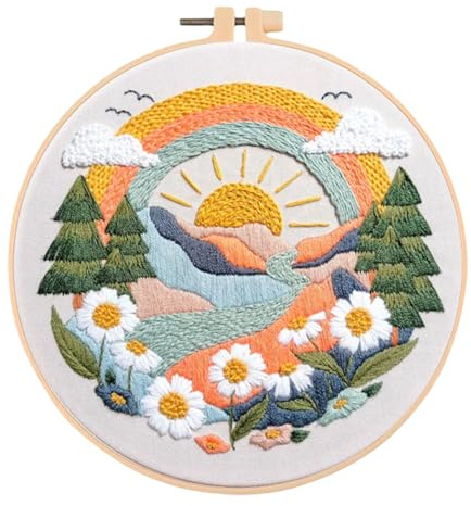 Huacan Kit de Broderie pour Adultes Débutant 1 Pièce Pré - Imprimé Paysage Embroidery Starter Kits D'aiguilles de Fils de Couleur 29 x 29 cm