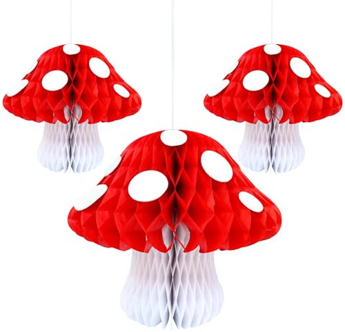 Gyufise 3 Pack Mushroom Shaped Honeycomb Paper Lanterns Mushroom Party Decorations Mushroom Honeycomb Balls Decorations Centerpieces for Birthday Party Garden Room Decor