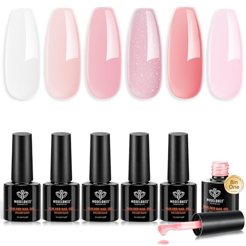 MODELONES 8 in One Builder Gel, 6 Farben Nude Glitzer Rosa Clear Aufbaugel füR GelnäGel, Hard Gel Builder Nagelverlängerung Quick Extension, Uv Nagellack Soak Off UV Nägel für Nagelstudio Maniküre Set