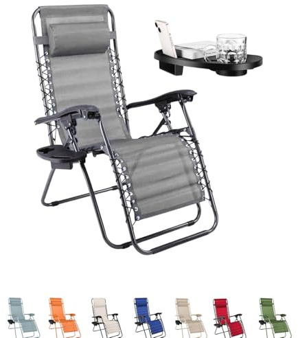 PALUPLUS Sedia Gravity ''gravità zero'' con Portabicchieri e Telefono, poltrona pieghevolein Textilene, tubi in acciaio, sedia per piscina, lettino da spiaggia, giardino (Grigio)