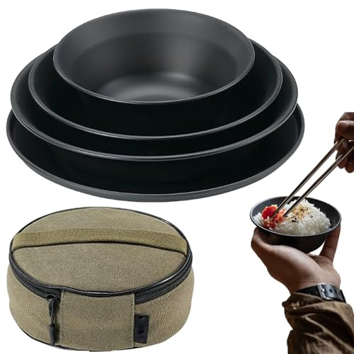 Moreeulsi Juego de vajilla de Camping | Vajilla de Camping de Acero Inoxidable, Cubiertos Resistentes al Calor con Bolsa de Almacenamiento de Reutilizable para Picnic, mochileros, Comedor al Aire