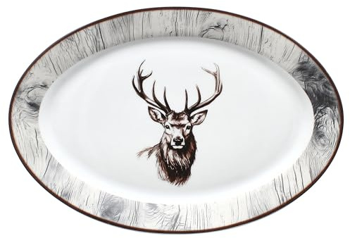 MamboCat Alois Plat de service ovale I (L x l) 35,5 x 24,3 cm | Assiette allongée en porcelaine avec décor cerf et aspect bois I pour sushis, antipasti, tapas, etc. I Plat à entrées