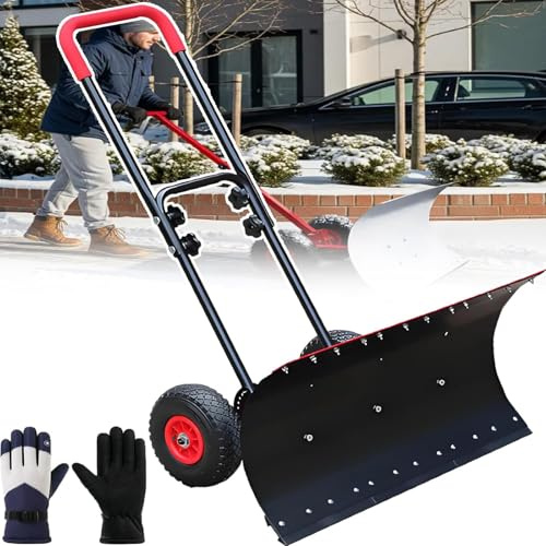 Snöskyffel för uppfart, kraftig snöskyffel i stål med hjul, effektiv snöröjning med vinklat blad, plog för utomhusbruk, justerbart handtag, verktyg för att röja uppfarter