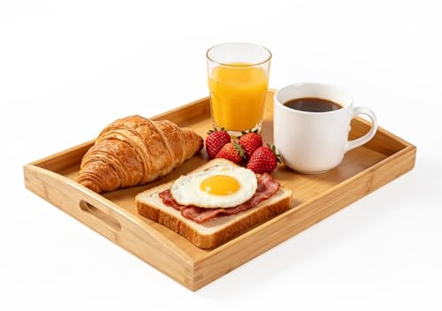 Large Wooden Trays for Food Serving, Rectangular Bamboo Serving Trays with Handles for Eating Breakfast Dinner, Upgraded Thickened Base Wood Snack Tray for Serving Platter Tea Coffee - 46 x 33 x 5cm