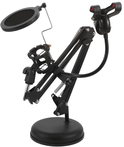Toyvian Desktop Mikrofonarm med Justerbar Mic-stativ Telefonhållare och Popfilter Ljudinspelningsutrustning med Mikrofonstänkskydd och Vibrationsdämpare för Live-sändning och Studioradio