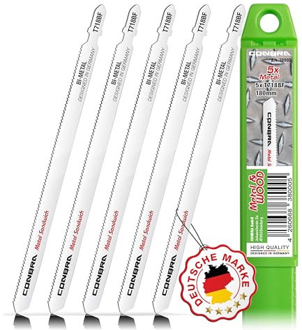 CONBRA® Stichsägeblätter Metall (5x T718BF mit Kunststoffhülse) - lange Metallsägeblatt, Stichsägeblätter lang - kompatibel mit Bosch PST 700 E, Bosch GST 150 BCE, PST 1000 PEL & weiteren Marken
