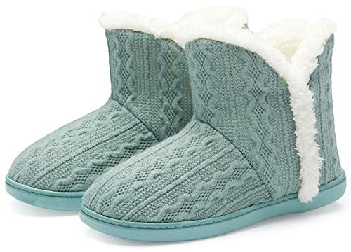 TUOBUQU Slipper Boots Women Winter Warm Fuzzy House Knit Bootie Slippers Ladies Fluffy Plush for Indoor Green M 5-6
