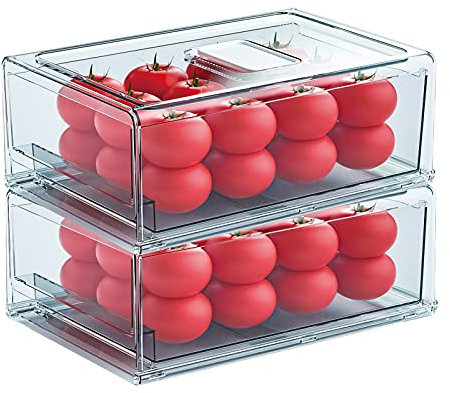 YekouMax Rangement Frigo, Rangement Frigo Transparent, Boite Rangement Frigo, Organisateur Frigo, Fruits du Réfrigérateur, Légumes, Viande et Tiroirs Fais, Pas de BPA(2 pièces,30 x 20,6 x 11,5 cm)