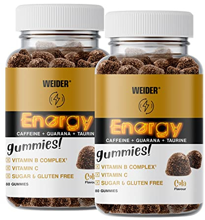 Weider PACK DUO Energy Caffeine Gummies (2x80 Caramelle) Sapore Cola | Con caffeina, guaranà, taurina e vitamine B e C per l'energia e la concentrazione. Senza Zucchero o Allergeni