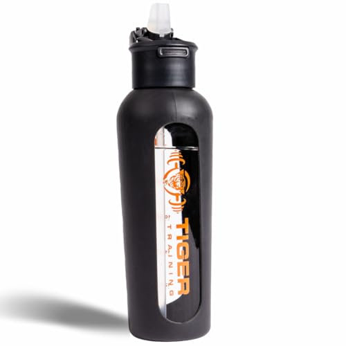 Tiger Training 0.7 litre Sport Glass Water Bottle with Time Marker, 700ml Straw Drinking Bottle with Flip Lid, 1L Borosilicate Reusable Bottle Silicone Grip