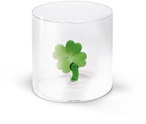 WD Lifestyle - Bicchiere in Vetro Borosilicato 250ml con Soggetto in Vetro Colorato Interno (Quadrifoglio)