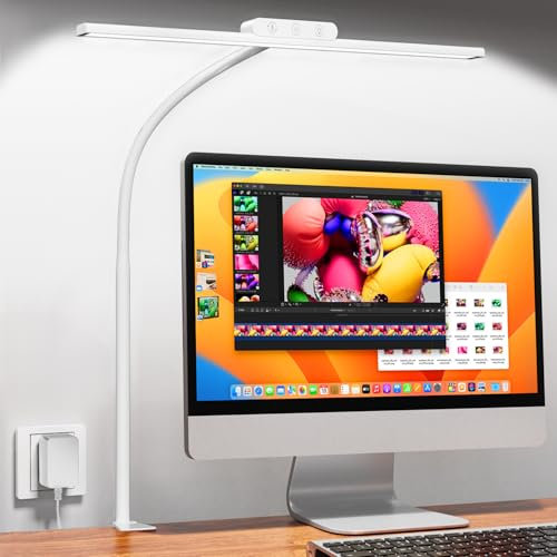 EppieBasic Desk Lamp, LED Desk Lamp for Home Office, 12W Eye-Caring Architect Desk Light with Clamp, Overhead Monitor Bar with 4 Color Modes & Brightness, Table Lamp for Work Study and Read, White