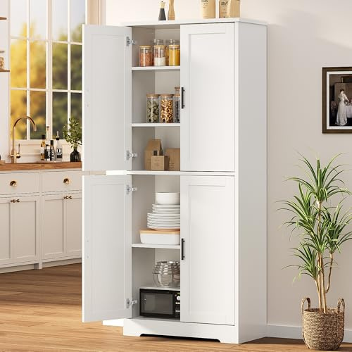 IDEALHOUSE Pantry Cabinet,70 Tall Kitchen Pantry Cabinet with 4 Doors and 3 Adjustable Shelves, Freestanding Cupboard, Modern Storage Cabinet for Bathroom, Dining Room, Living Room (White)