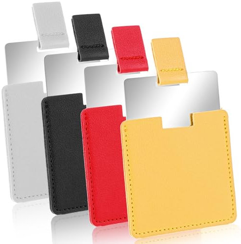 4 specchietti da viaggio in acciaio inox, 6,5 x 7 cm, con custodia protettiva