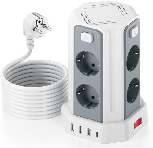5M Verlängerungskabel Steckdosenleiste,8 Fach Mehrfachsteckdose mit USB (3 USB-A+1 USB-C), Steckdose mit Schalter, Mehrfachsteckdose Steckdosenturm Überspannungsschutz für Zuhause,Büro