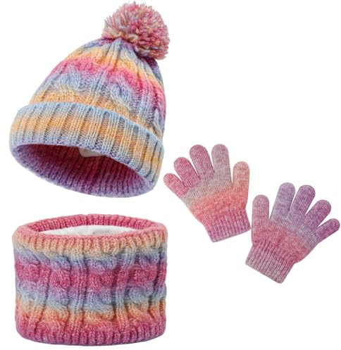 MASOCIO Conjunto Bufanda Gorro y Guantes Niña Invierno Gorros Luvas Criança con Pompon Punto Sombrero 4 5 6 7 8 9 Gorrito Braga Cuello Set Termico 3-10 Años Multicolor