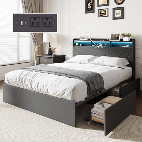 MALOL Bed Frame, Queen Bed Frame with Headboard & Storage Shelf, Metal Platform Bed Frame with 4 Storage Drawers, Built-in Charging Station, Led Light, Wood Bed Frame, No Box Spring Needed, Grey