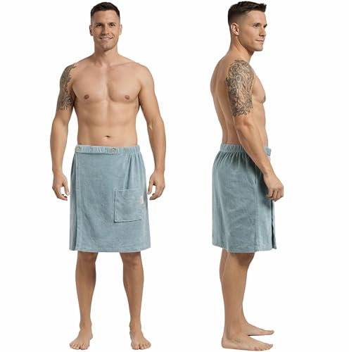CalmySPA Toalla de sauna ligera de rizo para hombre, de algodón, con goma elástica y botón, toalla de sauna para hombre, falda escocesa (azul)