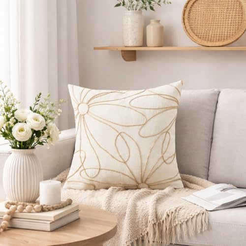 DALINA Funda de Cojín 45x45 cm Beige con Bordado Floral en Relieve, Decorativa para Sofá, Estilo Natural Nórdico, Suave y Elegante