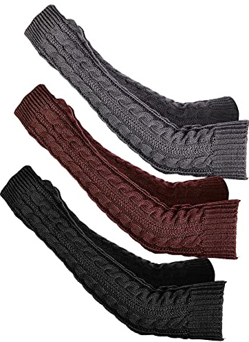 Bememo 3 Pairs Arm Warmers Long Fingerless Gloves Knit Wrist Warmers with Thumb Hole Open Finger Arm Socks for Women Adult(Black, Dark Gray, Coffee)