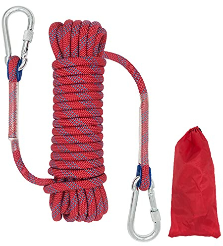 Climbing Rope, 10mm Outdoor Static Rock Climbing Cord, High Strength Safety Nylon Rope 2 Carabiner, for Escape, Fire Rescue, Camping, Dockside Mooring, Fixing, Red Length 10m
