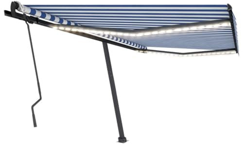 vidaXL Manual Retractable Awning Folding Arm Sun Shade Manual Retractable Awning Outdoor Sunshade Patio Garden with LED 400x300 cm Blue and White