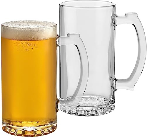 PARNOO Glass Beer Mug - Traditional 25 oz. Giant Beer Stein with Handles - Heavy-Duty Clear Drinking Glassware for Freezer & Refrigerator - Dishwasher-Friendly Beer Glasses Set of 2