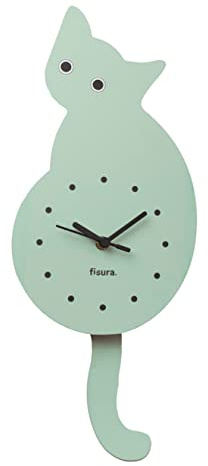 Fisura – Reloj de Gato con Cola. Reloj de Pared Original. Reloj de Pared silencioso de 46 x 8 centímetros. Madera y ABS. 1 Pila AA (no incluida) (Menta)