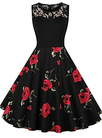 AXOE Robe Vintage Femme Fleurie Années 50 avec Dentelle | Haut Extensible Ajusté et Jupe en Coton, Léger, Sans Manches, Coupe Au Genou pour Cocktail, Mariage, Cérémonie, Réception