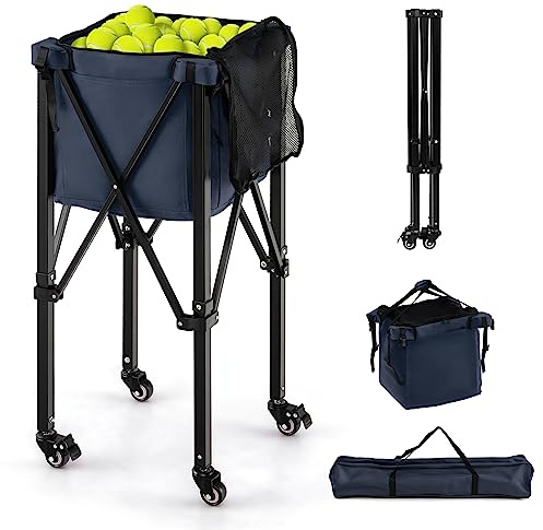 COSTWAY Carrello Porta Palline da Tennis, Carrello da Tennis Pieghevole in Alluminio con Ruote Frenate, Borsa Rimovibile Tasche Laterali, Borsa per Trasporto, Max 150 Palline Tennis (Blu)