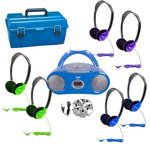 HamiltonBuhl Centro de Escucha de 6 Estaciones con AudioAce Bluetooth Boombox, 6 Auriculares Coloridos de tamaño Personal, Caja de conexión y Funda de Transporte