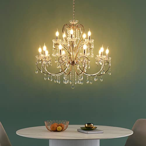 KOSILUM - Lampadario cristallo dorato barocco 15 bracci - Pavia - luce bianca calda, illuminazione soggiorno, camera da letto, cucina, corridoio, 15 x max 40 W, E14, IP20