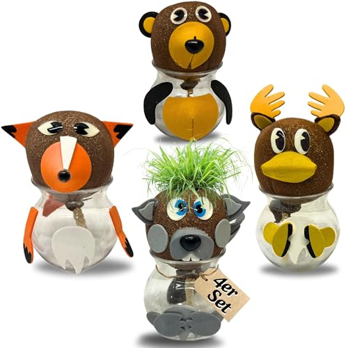 Bada Bing Set di 4 teste di erba con contenitore per l'acqua animali della foresta fai da te, testa di prato con semi di prato, esperimento per bambini, divertimento con effetto di apprendimento