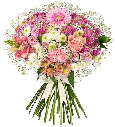 Rosé Serenade Bouquet – Luxury Fresh Flowers Featuring Pink Roses, Germinis, Chrysanthemums, Antirrhinum and Carnations – Elegant Gift for Birthday or Celebration