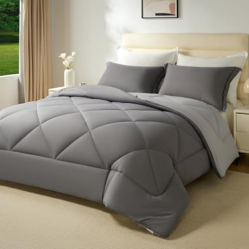 beeweed Coverless King Duvet 13.5 Tog - 230x220cm, Grey/Light Grey | Down Alternative Comforter Set with Pillowcase, Soft Microfiber Warm Bed Quilt for Winter, Machine Washable, Lightweight