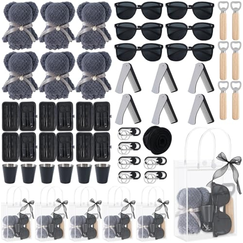 6 Sets Baby Shower Prizes for Men Game Winner Gift Include Sunglasses, Towels, Bottle Openers, Folding Combs, Key Chains, Nail Clippers, Packaging Bags and Black Ribbons for Wedding & Bridal Showers