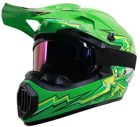 DOT Full Face MTB Helmet, Kids and Adults Motocross Helmet Set with Goggles Mask Gloves, for Downhill MX AVT Dirt moto Bike(B20 Green,M(56-57CM))