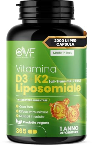 OVF Vitamina D3 K2 Alto Dosaggio 365 Capsule Vegano Vitamina D3 + K2 Liposomiale (MK-7) per Ossa e Denti Crescita Funzione Muscolare Senza Glutine, Soia e Lattosio Made in Italy