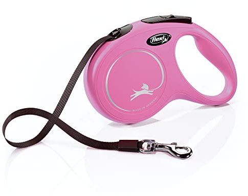 FLEXI New Classic Tape Retractable Dog Leash for Medium Dogs Upto 55 lbs. – 16 ft., Pink | Tangle Free Pet Walking Leash with One-Handed Brake, Pause, Lock | German Quality Product