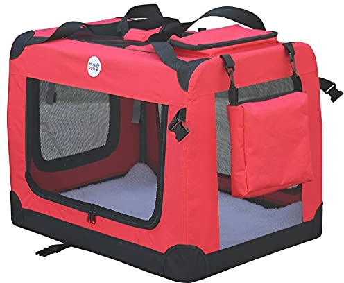 HugglePets Foldable Fabric Pet Crate Carrier - Red (Large 70 x 52cm) Lightweight & Ventilated Double Door Carrier for Dogs & Cats with Sheepskin Mat. Ideal for Home & Travel.