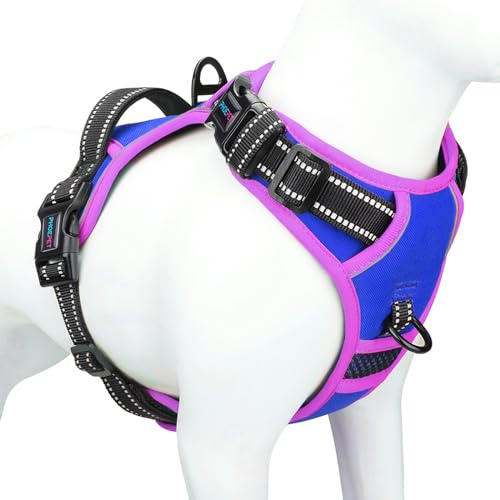 PHOEPET Pettorina per cani anti-tiro, gilet regolabile riflettente, con manico da allenamento + 2 ganci per guinzaglio in metallo + 3 fibbie a scatto + 4 fibbie scorrevoli (XL, blu reale)