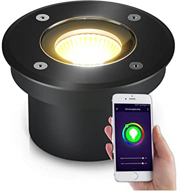 lambado® Flacher LED Bodenstrahler für Außen mit RGB Farbwechsel - Alexa & Google Home steuerbar per App - Runde Bodenleuchte/Bodeneinbaustrahler IP67 - Wasserdicht & Befahrbar