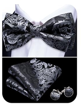 Barry.Wang Mens Black Bow Tie Paisley Silk Pre-Tied Bowtie Pocket Square Cufflinks Set Formal Wedding Prom Party Tuxedo