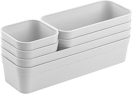 Engelland - Schubladen-Organizer Set, 6-teilig, Farbe: Hellgrau, universell verstellbar, Aufbewahrungs-Box, Einteiler, Trenn-System, Utensilien, Stauraum, Wohn-Badezimmer, Kunststoff, BPA-frei
