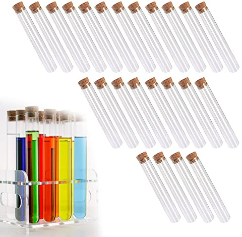 ZoeTekway Juego de 24 tubos de ensayo con tapones de corcho, tubos de ensayo de plástico duro transparente, recipientes para fiestas, bodas, dulces, sales de baño, especias, flores