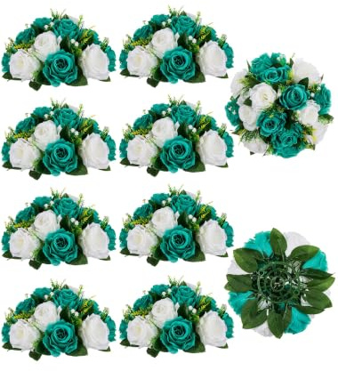 BLOSMON Flower Centerpieces for Tables Wedding 10 Pcs Teal & White Fake Flowers Rose Arrangement Bouquet Floral Centerpiece Balls Artificial Wedding Center Pieces of Valentines Day Home Decor