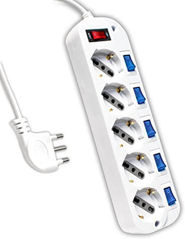 V-TAC Multpresa Elettrica con Interruttori Indipendenti - 5 Prese 10/16A Bipasso + Schuko - Spina 16A - Presa Elettrica per Casa, Ufficio, Negozio - Ciabatta - Colore Bianco